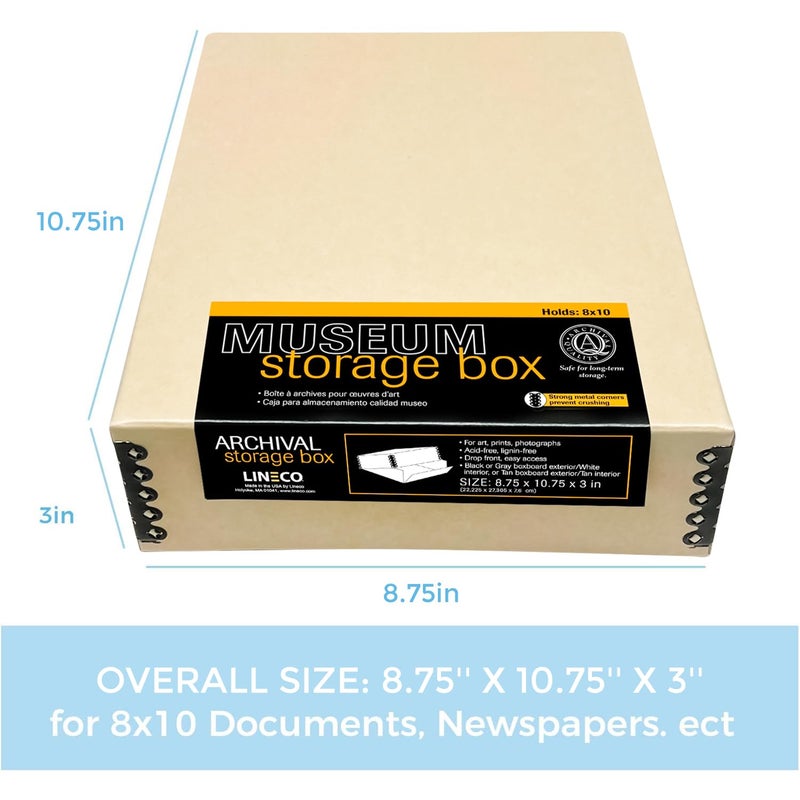 Lineco Museum Archival Storage Box, 8.75x10.75x3 in. Drop Front Design. Acid-Free with Metal Edge. Organize Photos, Pictures, Prints, Documents, Crafts, DIY. Tan, 1 Pack - Image 2